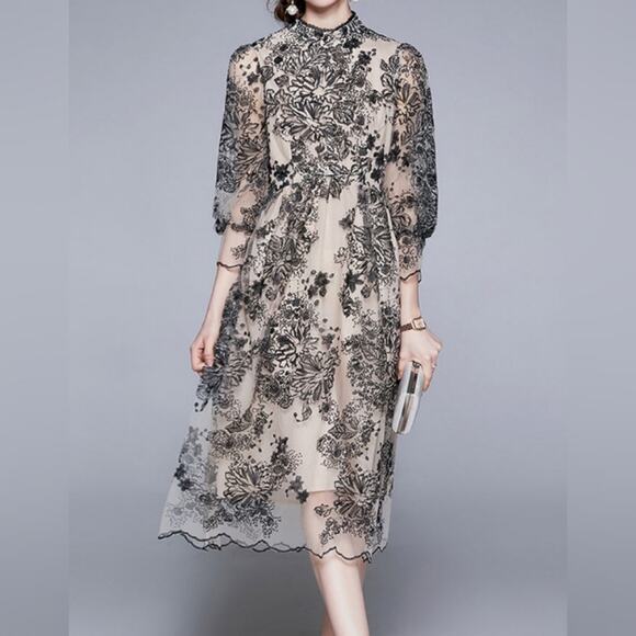 Vicky and Lucas Puff Sleeve Embroidered Floral Black Lace Mesh Dress - Picture 1 of 16